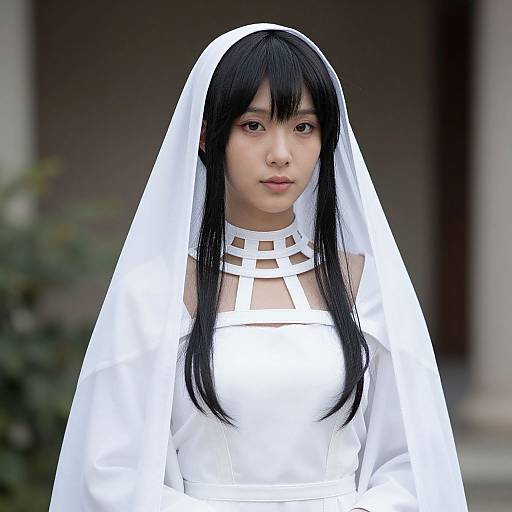 Photograph of an Asian woman in a white nun outfit with a veil, long black hair, and a geometric collar, standing outdoors.