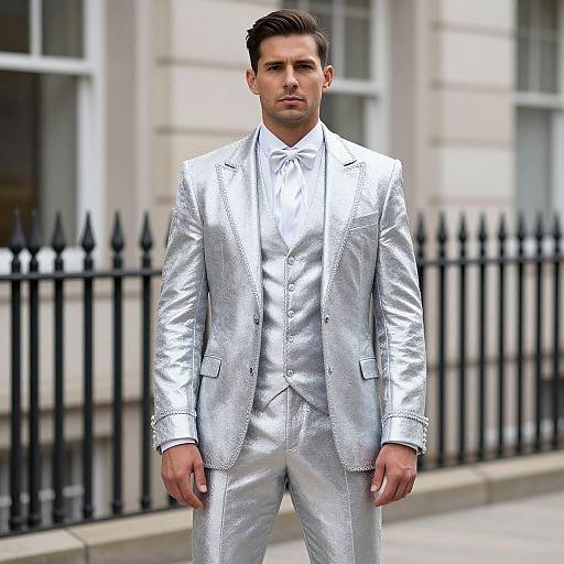 Photograph of a handsome man with short dark hair, wearing a shimmering silver suit, white shirt, and bow tie, standing confidently in front of