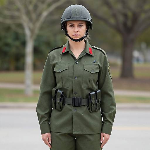 Photograph of a serious young woman in green military uniform with black helmet, red collar tabs, and black pouches, standing in a blurred park background