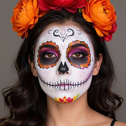 Photograph of a woman with white face paint, black eye makeup, and orange flower headpiece, resembling a Day of the Dead sugar skull.