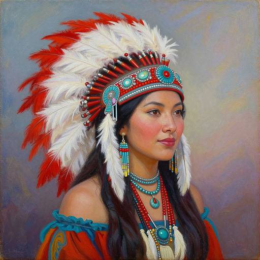 Digital painting of a Native American woman with long black hair, red and white feathered headdress, turquoise jewelry, and red off-shoulder top