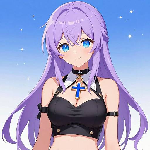 Anime-style digital drawing of a cute, purple-haired girl with blue eyes, wearing a black crop top, choker with cross pendant, and arm bands