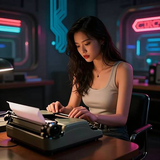 Cyberpunk Girl on Vintage Typewriter