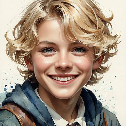 Smiling Blonde Boy Watercolor Portrait