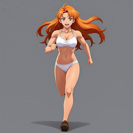Digital anime-style drawing of a muscular, orange-haired woman in a white bikini, running with a determined expression on a gray background.