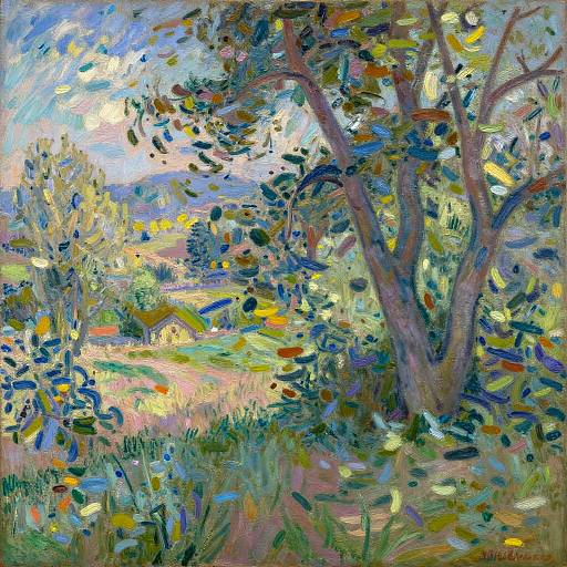 Impressionist oil painting of a vibrant, sunlit garden with a small cottage in the background, surrounded by colorful, abstract trees and foliage.