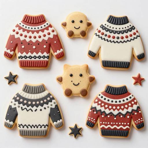 Photograph of six decorated cookies shaped like knitted sweaters and a smiling bear, with stars, on a white background.