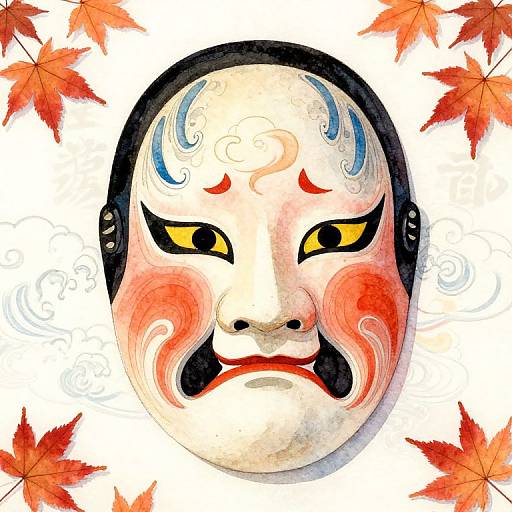 Watercolor-style Japanese mask with red cheeks, blue swirls, black hair, and yellow eyes, surrounded by red autumn leaves on white background.