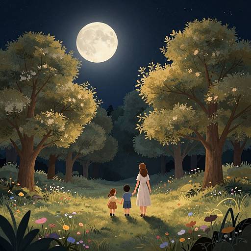 Digital illustration of a woman in a white dress and a young boy holding hands, standing in a moonlit, flower-filled forest with tall trees.