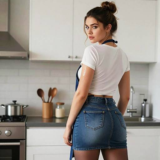 Young Woman in Denim Skirt and Apron in Kitchen
