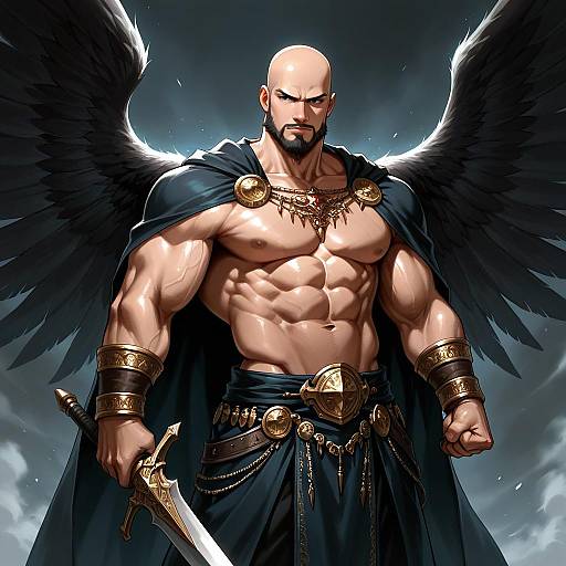 Muscular Bald Warrior with Wings and Sword