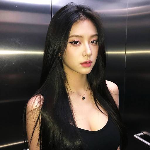 Photograph of an Asian woman with long black hair, wearing a black tank top, standing in front of a reflective metallic background, with subtle lighting highlighting