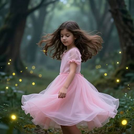 Photograph of a young girl with long brown hair in a pink tulle dress, dancing in a mystical forest lit by glowing fireflies.