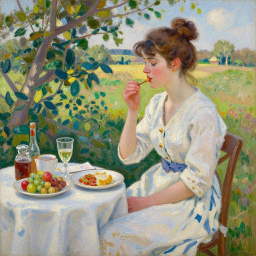 Impressionist painting of a woman in a white dress, eating fruit at a table outdoors, with a glass of wine and a plate of food.