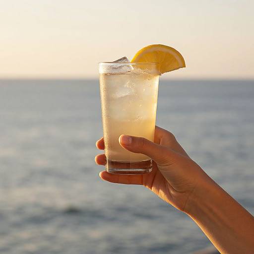 Photograph of a hand holding a frosty glass with a lemon slice, against a sunset ocean horizon, capturing golden sunlight.