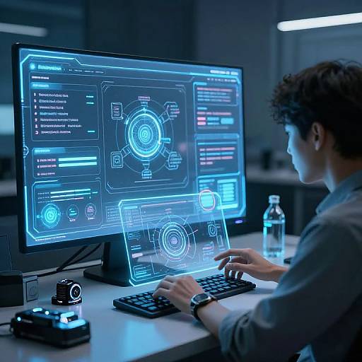 Photograph of a young man with curly hair, wearing a grey shirt, typing on a desk with dual blue-lit computer monitors displaying futuristic technical interfaces
