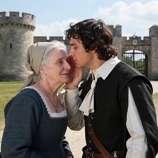 Photograph of an elderly white woman with white hair in a gray dress, and a young white man with dark hair in period attire, kissing her cheek
