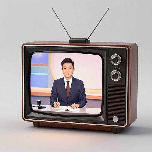 Photograph of an Asian man in a dark suit and white shirt, standing in front of a TV studio, displayed on a vintage wooden CRT television with