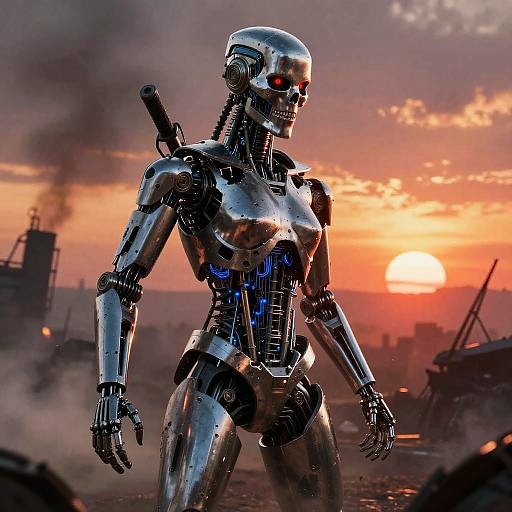 CGI image of a metallic, red-eyed robot with a futuristic design standing in a war-torn, sunset-lit battlefield. Smoke and wreckage are
