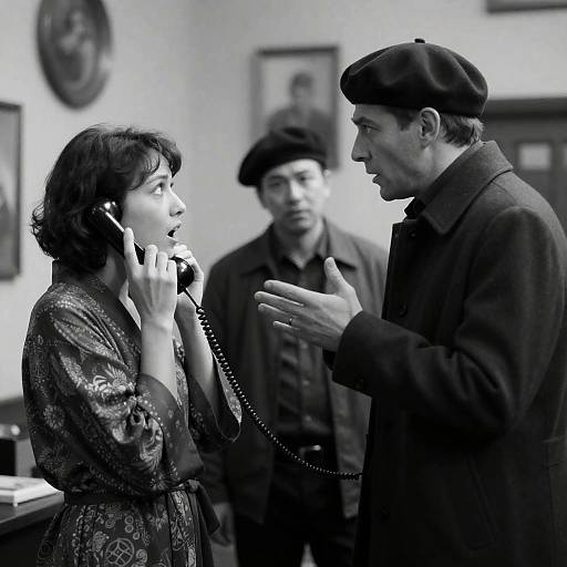 Tense Black and White Phone Conversation