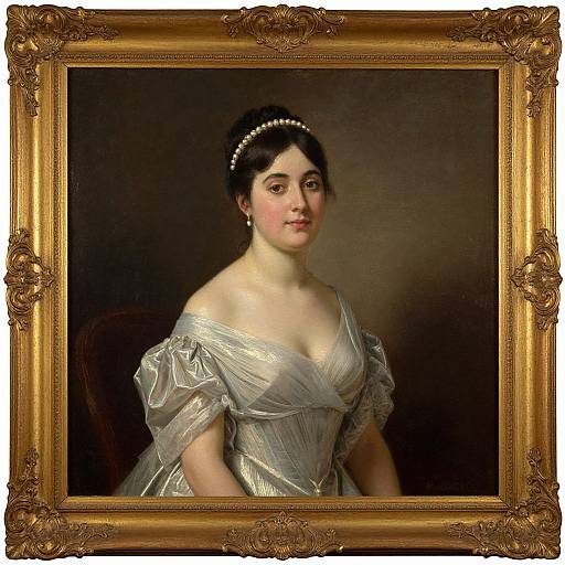 Portrait of a Caucasian woman with dark hair, pearl headband, and silver off-shoulder gown, framed in an ornate gold frame.