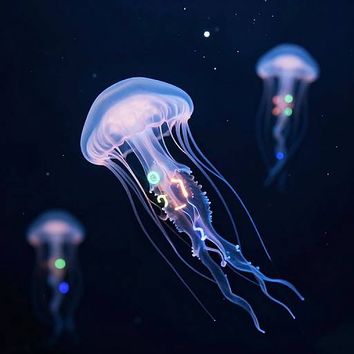 Photograph of glowing, translucent blue jellyfish with colorful bioluminescent spots, floating against a dark, starlit ocean background.