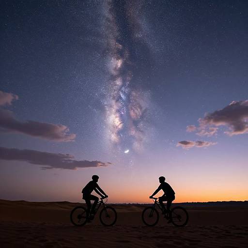 Silhouetted cyclists against a stunning, star-filled night sky with the Milky Way visible, set at sunset over a desert landscape. Photograph.