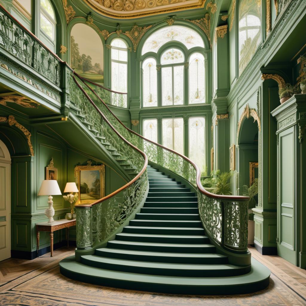 Ornate Sage Green and Ivory Staircase Art