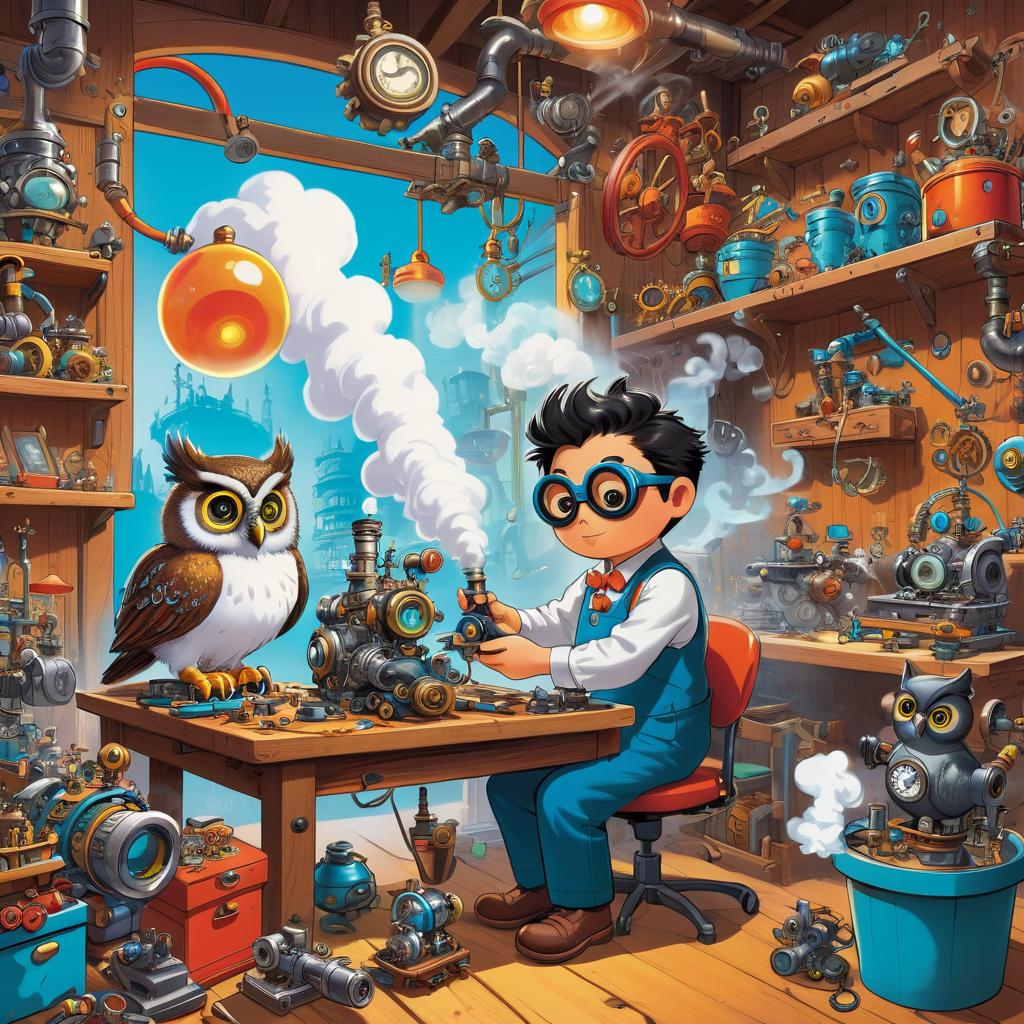 Whimsical Inventor and His Owl Companion