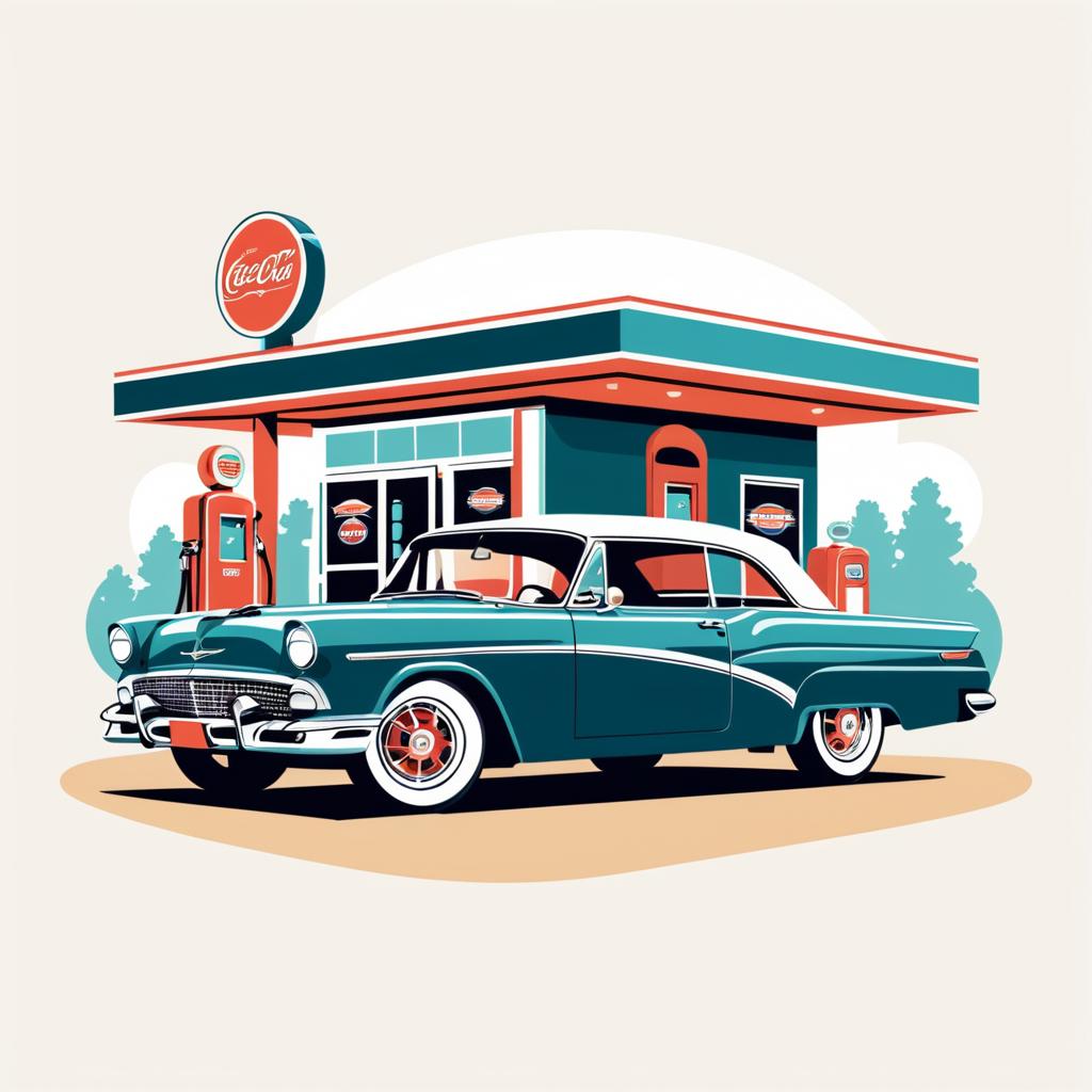 Vintage Car and Gas Station T-Shirt Design