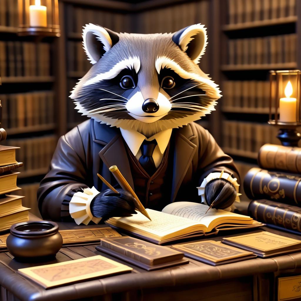 Whimsical Raccoon Writer in Cozy Study