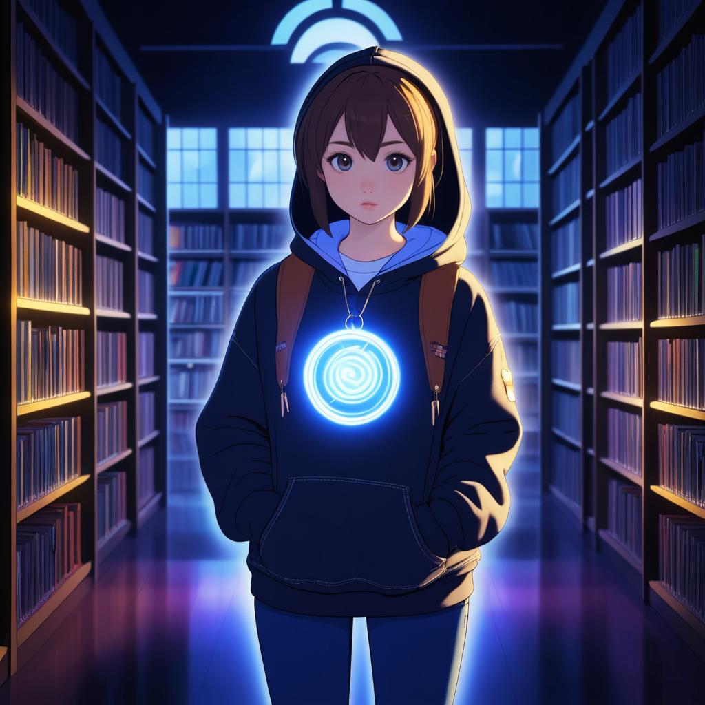 Curious Girl in a Dim Library Scene