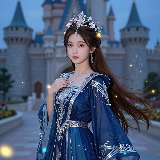 Digital artwork of an East Asian princess with long brown hair, wearing a blue, silver-embroidered dress and tiara, standing in front of