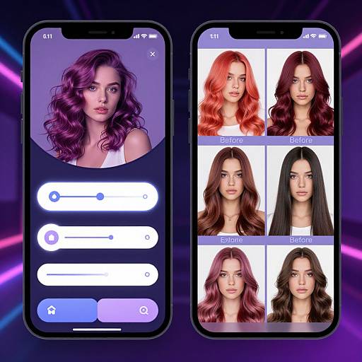 Photograph of two smartphones displaying a beauty app interface with six women's portraits in different hair colors: purple, red, dark red, brown, black