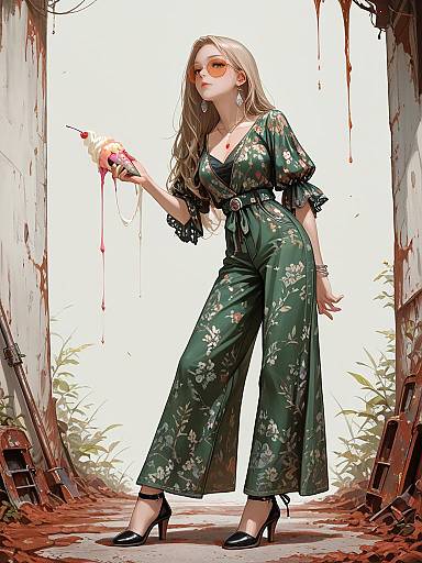 Digital artwork of a pale-skinned, long-haired woman in a green floral jumpsuit, holding a blood-dripping knife, standing in a blood