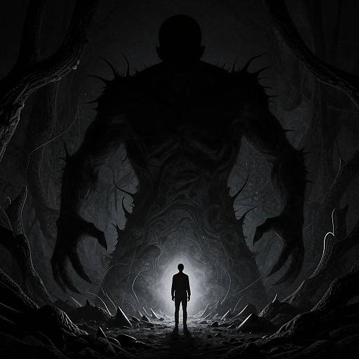Digital artwork: Silhouetted figure stands facing massive, shadowy, tentacled creature with glowing eyes in dark, cavernous background. Dram