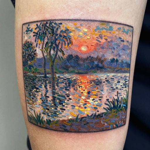 Colorful tattoo of a sunset over a reflective water scene with trees, grass, and vibrant orange and blue hues on human skin.