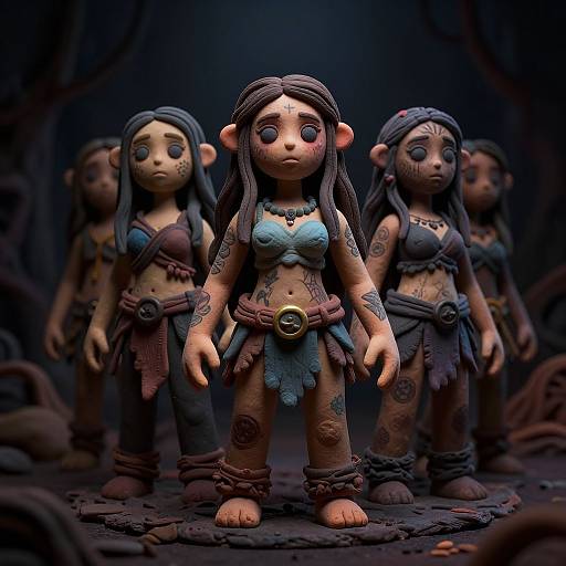 Digital 3D artwork of four tattooed, brown-skinned, elven-like female figures in tribal clothing, standing in a dark, forest-like