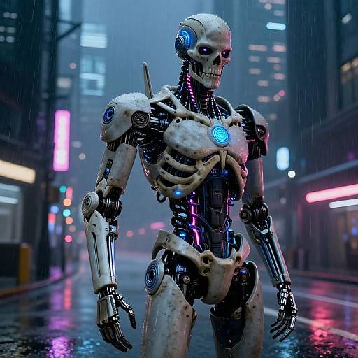 CGI cyberpunk scene of a humanoid robot with white skeletal structure, blue glowing eyes and lights, standing in a rainy city street at night. Neon