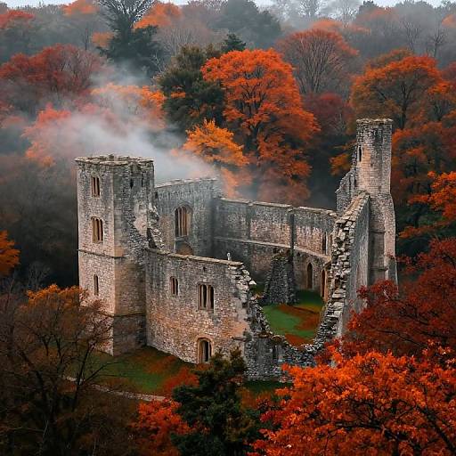 Photograph of a medieval stone castle with smoke rising, surrounded by vibrant autumn trees with orange and red leaves.