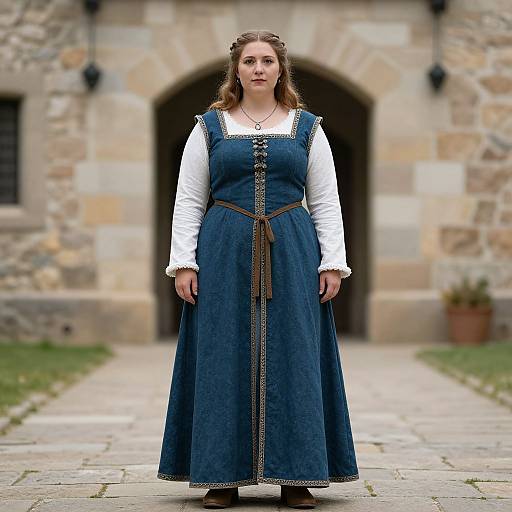 Photograph of a young woman with wavy brown hair, wearing a blue medieval-style dress with white sleeves, standing in front of a stone building.