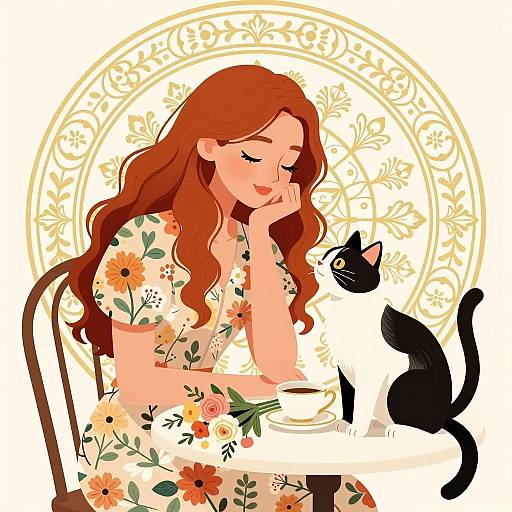 Elegant Woman with Cat and Flowers