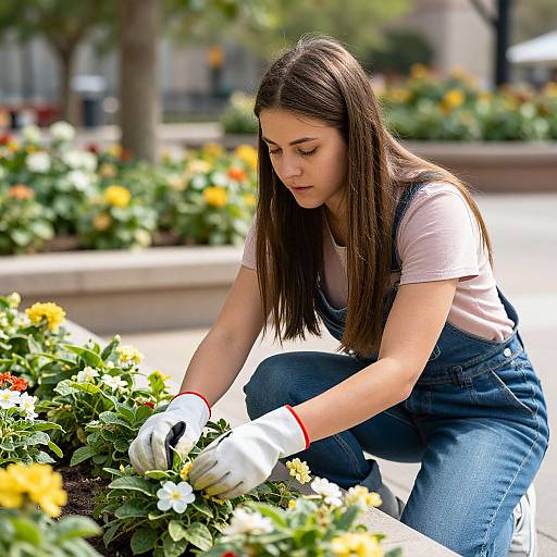 Photograph of a young woman with long brown hair, wearing denim overalls and white gloves, tending yellow and white flowers in a sunny urban garden