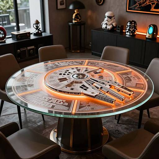 Photograph of a glowing Star Wars holographic table in a dimly lit modern living room, surrounded by gray chairs and Star Wars memorabilia.
