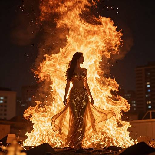 Photograph of a silhouetted woman in a flowing, golden dress standing amidst a large, bright orange fire at night, city buildings in the
