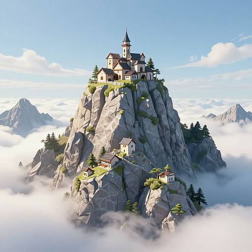 Photorealistic CGI of a picturesque, towering rocky mountain with a quaint village including a church, surrounded by clouds and pine trees.