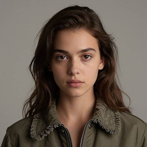 Photograph of a young woman with long, wavy dark brown hair, light skin, brown eyes, and a neutral expression, wearing a green jacket