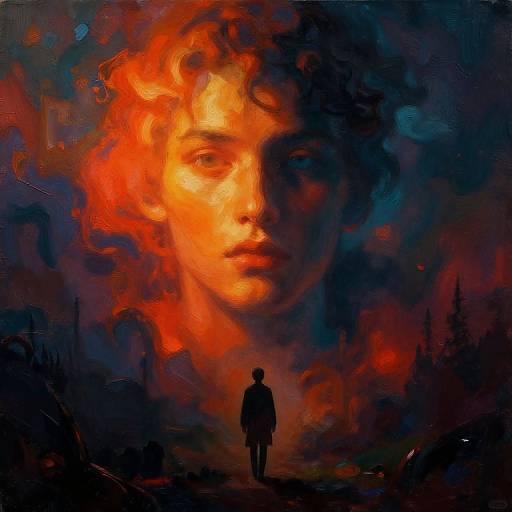 Digital painting of a glowing, fiery, large-faced woman with intense orange and red hues, silhouetted figure standing below, dark, abstract background
