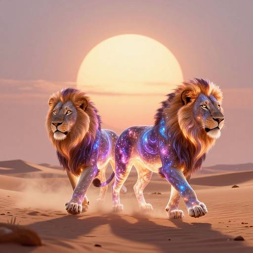 Digital artwork of two majestic, glowing lions with starry, cosmic fur walking in a desert at sunset, with a large, bright sun in the background