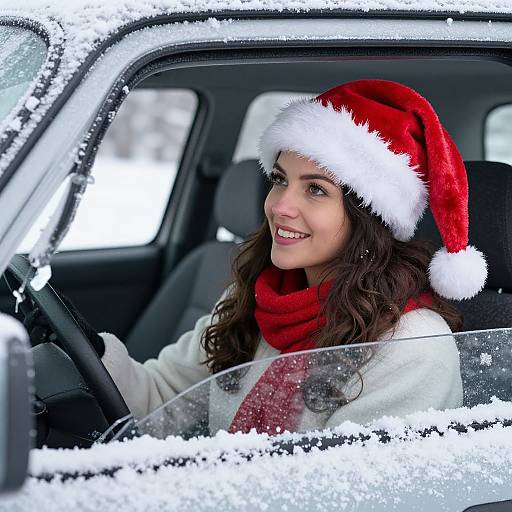 Photograph of a smiling woman with long brown hair, wearing a red Santa hat and scarf, seated in a snow-covered car.